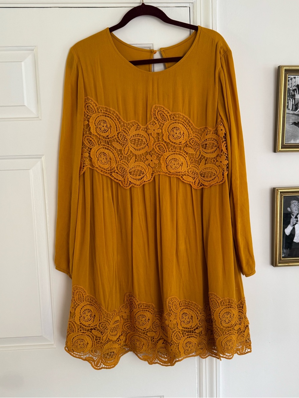 Maeve Mustard Lace-Panel Long Sleeve Dress